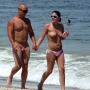 tits and cock, walking on the beach with her naked man