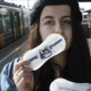 Elonë, artist who posts feminist messages on period pads